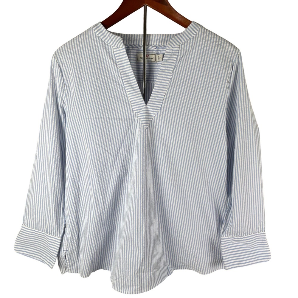 Vineyard Vines Performance Seersucker Nautical Striped Top Blue White Womens M